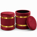 Set 2 Pouf Contenitore Ø 38x44 cm e Ø 31x38 cm con Rivestimento Velluto Bordeaux     