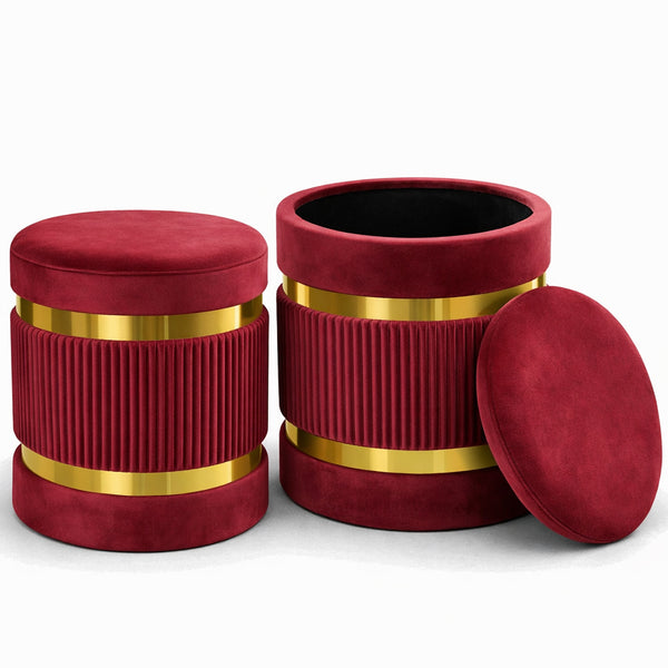 online Set 2 Pouf Contenitore Ø 38x44 cm e Ø 31x38 cm con Rivestimento Velluto Bordeaux