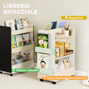 Libreria per Bambini 3-8 Anni  Scaffalea Due Lati Portagiochi con Ruote e Lavagna Nera in MDF Bianco      