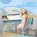 Set Scrivania e Sedia per Bambini da 3 Anni Regolabile Tavolo Inclinabile a 60° con Cassetto e Ripiani in PP e Acciaio Blu      