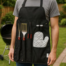 Set 6 Utensili Barbecue in Acciaio Inox e Legno con Grembiule in Nylon Nero      