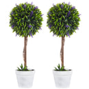 Set 2 Piante Artificiali Ø24x60 cm Verdi a Sfera con Fiori di Lavanda e Vaso con Muschio e Cemento    