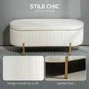 Panca Contenitore Ovale 108x44x43,5 cm con Coperchio Sollevabile in Tessuto Vellutato Crema  