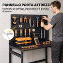 Banco da Lavoro Pieghevole Portatile 115x62x143,5 cm con Pannello Perforato Piano Spesso in Legno Struttura in Acciaio Nero      