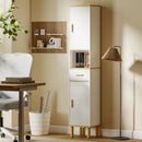 Mobile a Colonna Bagno Canettato 31,5x29,7x171,5 cm con Cassetto e Ripiani Regolabili in Legno Bianco      