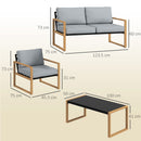Set 4 Pezzi da Esterno Divanetto 2 Poltrone e Tavolino con Piano in Vetro in Alluminio e Fibra Grigio e color Legno   