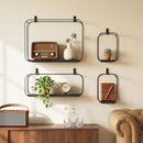 Set 4 Pezzi Mensole Flottanti Geometriche per Soggiorno in Metallo e MDF Nero      