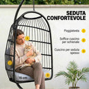Sedia a Uovo Sospesa 105x101x196 cm con Supporto e Cinghia di Sicurezza in Metallo e Rattan PE Nero e Grigio Chiaro      