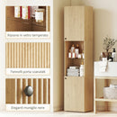 Mobile da Bagno a Colonna Slim 40x31x182H cm 6 Ripiani 2 Ante e Ripiano in Vetro Temperato in MDF Rovere      