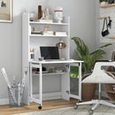Scrivania Pieghevole 80x69x155 cm con Libreria a 4 Ripiani 2 Ruote e Foro Passacavi in MDF Bianco      