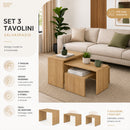 Set 3 Pezzi Tavolini Caffe Rettangolare a Incastro in Legno MDF Quercia     