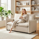 Divano 2 Posti 131x73x80 cm Imbottito con 2 Cuscini e Braccioli in Tessuto Effetto Pelle Traspirante Crema      