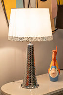 Lampada da Tavolo Tower Argento Ø30x54 cm in Ferro e Tessuto Argento e Bianco      