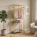 Stand Appendiabiti da Terra 70x35x175 cm con Barra Ripiani e 4 Ruote in Bambù Legno Naturale      