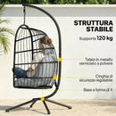 Sedia a Uovo Sospesa 105x101x196 cm con Supporto e Cinghia di Sicurezza in Metallo e Rattan PE Nero e Grigio Chiaro      