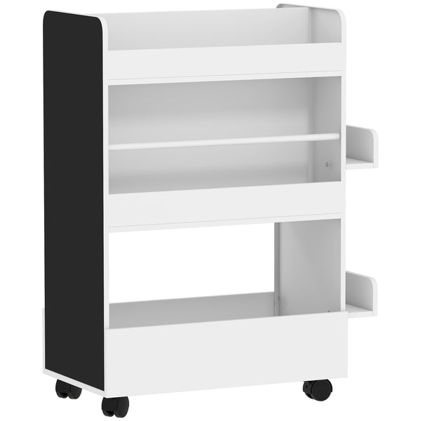acquista Libreria per Bambini 3-8 Anni Scaffalea Due Lati Portagiochi con Ruote e Lavagna Nera in MDF Bianco