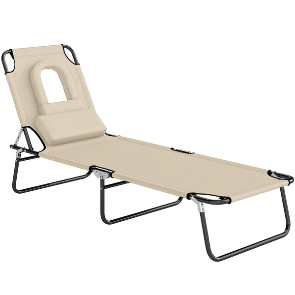online Lettino Prendisole Pieghevole con Foro per il Viso Imbottito e Schienale Reclinabile in Poliestere Beige