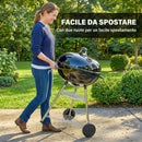 Barbecue a Carbone con griglia esterna rotonda, coperchio, termometro e ruote, Nero      