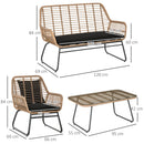 Set Salotto da Giardino Divano 2 Poltrone e Tavolino in Rattan Naturale e Poliestere Nero