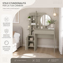 Postazione Make Up 105x35x151 cm Tolette con Mensole e Specchio Rotondo Sabbia      