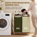 Cesto Portabiancheria 63x33x78 cm 2 Scomparti 120L con Coperchi Tasche Laterali Sacchi Estraibili in Bambù e Poliestere Bianco e Nero      
