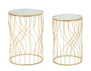 Tavolinetti Ligne Coppia Ø38x55 cm - Ø33x50 cm in Ferro e MDF e Specchio Oro      