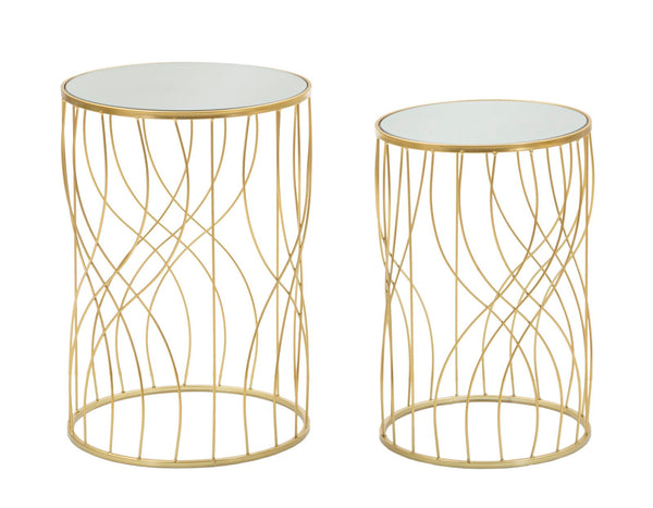 Tavolinetti Ligne Coppia Ø38x55 cm - Ø33x50 cm in Ferro e MDF e Specchio Oro acquista