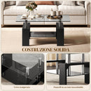 Tavolino da Caffè Moderno a 2 Livelli 90x50x42 cm con Piano in Vetro Temperato in Legno e Acciaio Nero      