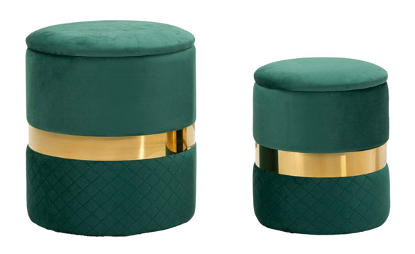 Puff con Contenitore Sheffild Verde Set 2 Pz Ø37x42 cm - Ø28x35 cm in Ferro e MDF e Spugna e Poliestere Verde e Oro acquista