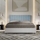 Letto Matrimoniale con Rete e Contenitore Alzata Comoda Struttura Bianco Frassico e Testata in Microfibra Kaia Azzurro Varie Misure