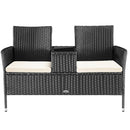Divano da Giardino 2 Sedute Divise da Tavolino con Ripiano Vetro in Polyrattan Nero      