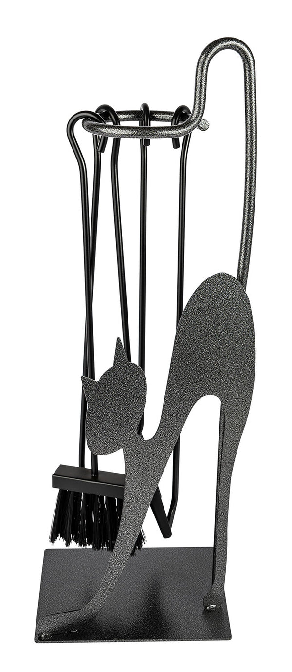 Trespolo per Attrezzi Camino Rettangolare Sagoma Gatto con Paletta Scopino Attizzino e Pinza 28x19x66 cm in Ferro Verniciato prezzo