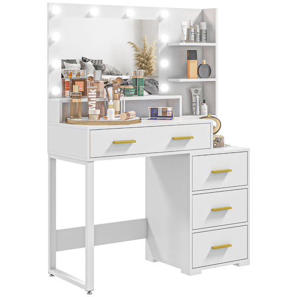 online Tavolo da Trucco in Legno 100x40x138 cm con 4 Cassetti 6 Ripiani Aperti e Specchio Bianco