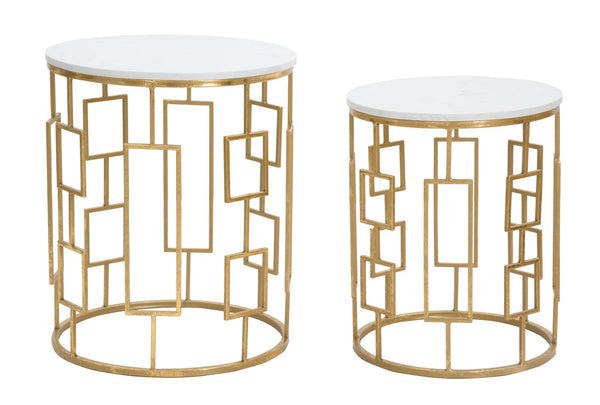 acquista Tavolinetto Cube Coppia Ø46x55-39x48 cm in Ferro e Marmo Oro e Bianco