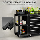 Carrello Portautensili 96x33,5x75 cm con 7 Cassetti Mensola Laterale Staccabile Ruote Capacità 120kg in Acciaio Nero      