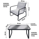 Set Salotto da Giardino 4 Posti Tavolino con Top in Vetro Nero e Argento Saint Tropez      