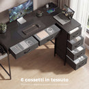 Scrivania Angolare 126x48x80 cm a 6 Cassetti con Gancio Laterale e Prese Integrate in Legno e Acciaio Nero      