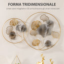 Decorazione Murale 3D in Metallo 138x70 cm Wall Art Dorata con Ginkgo Oro e Argento