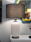 Lampada da Tavolo Brighty Ø37,5x65 cm in Vetro e Ferro e Tessuto Bianco e Grigio      