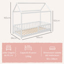 Letto Singolo per Bambini Casetta 96x195x165 cm con Doghe e Recinzione in Legno di Pino Bianco 