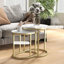Set 2 Tavolini da Caffè Ø50x50.5 cm e 60x36x43.5 cm con Piano Effetto Marmo in Legno e Acciaio Bianco      