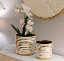 Porta Vasi Coppia Blom Ø23x22 cm - Ø18x17,5 cm in Ceramica Bianco e Oro      