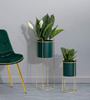 Porta Vasi Grent Slim Set 2 Pz Ø24x70 cm - Ø19,5x45 cm in Ferro Verde e Oro      