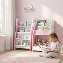 Mobile per Bambini 85,5x32x72 cm con Portariviste Libreria a 3 Livelli e Comodino in Legno Rosa e Bianco      