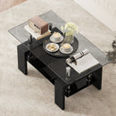 Tavolino da Caffè Moderno a 2 Livelli 90x50x42 cm con Piano in Vetro Temperato in Legno e Acciaio Nero      