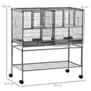 Voliera Doppia Gabbia per Uccelli 95x45,5x102 cm in Metallo con Ruote Grigia