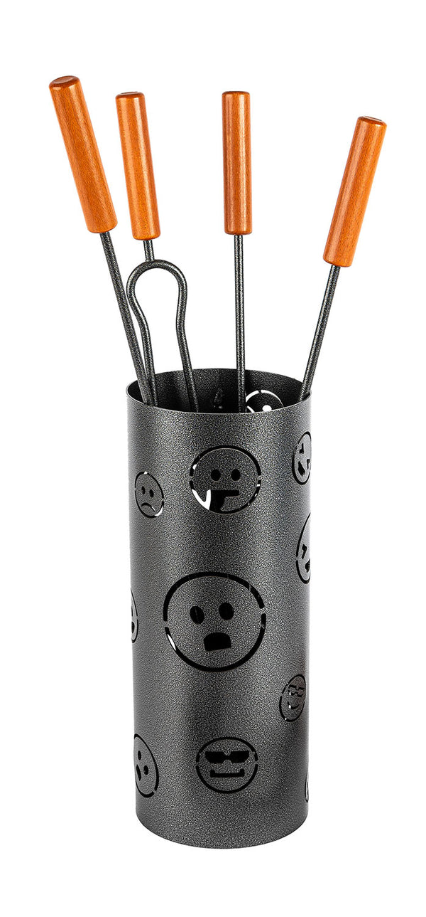 Trespolo per Attrezzi Camino Cilindrico Sagoma Faccine con Paletta Scopino Attizzino e Pinza Ø15,2x62 cm in Ferro Verniciato Grigio Martellato prezzo