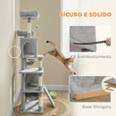 Albero Tiragraffi per Gatti 48x40x177 cm con 2 Casette 2 Lettini Trespolo e 2 Palline Grigio Chiaro e Beige      