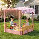 Sabbiera per Bambini 3-6 Anni 134,5x127,5x130 cm con Tettuccio Fenicotteri Sedute Pieghevoli Coperchio e Fodera in Legno di Abete Rosa      