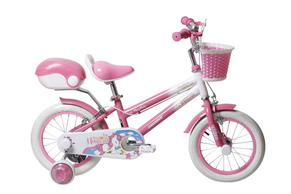sconto Bicicletta per Bambine Unicorn 16 Pollici con Stabilizzatori Bauletto e Cestino Rosa Rosa